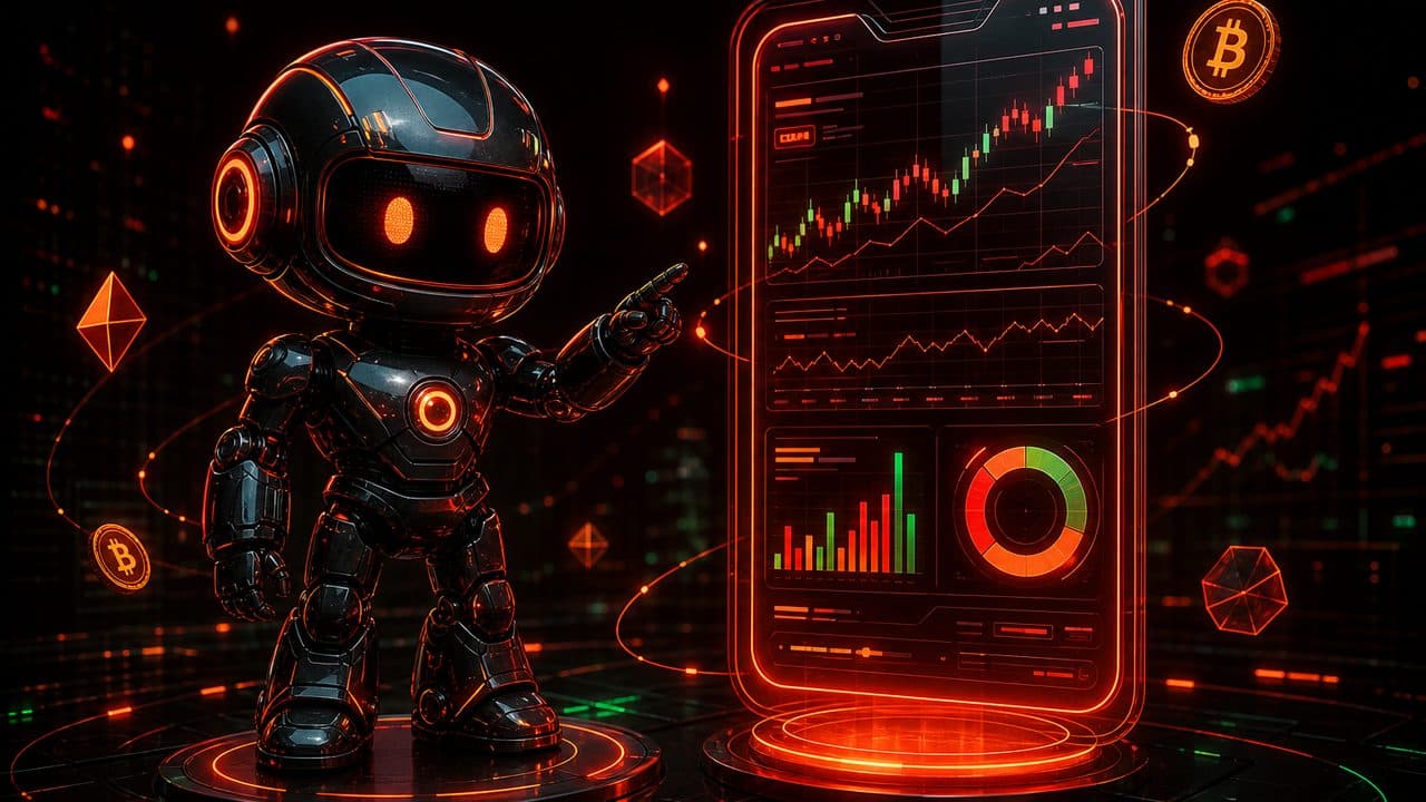 The Rico AI trading robot pointing at a live dashboard of candlestick charts and portfolio gauges